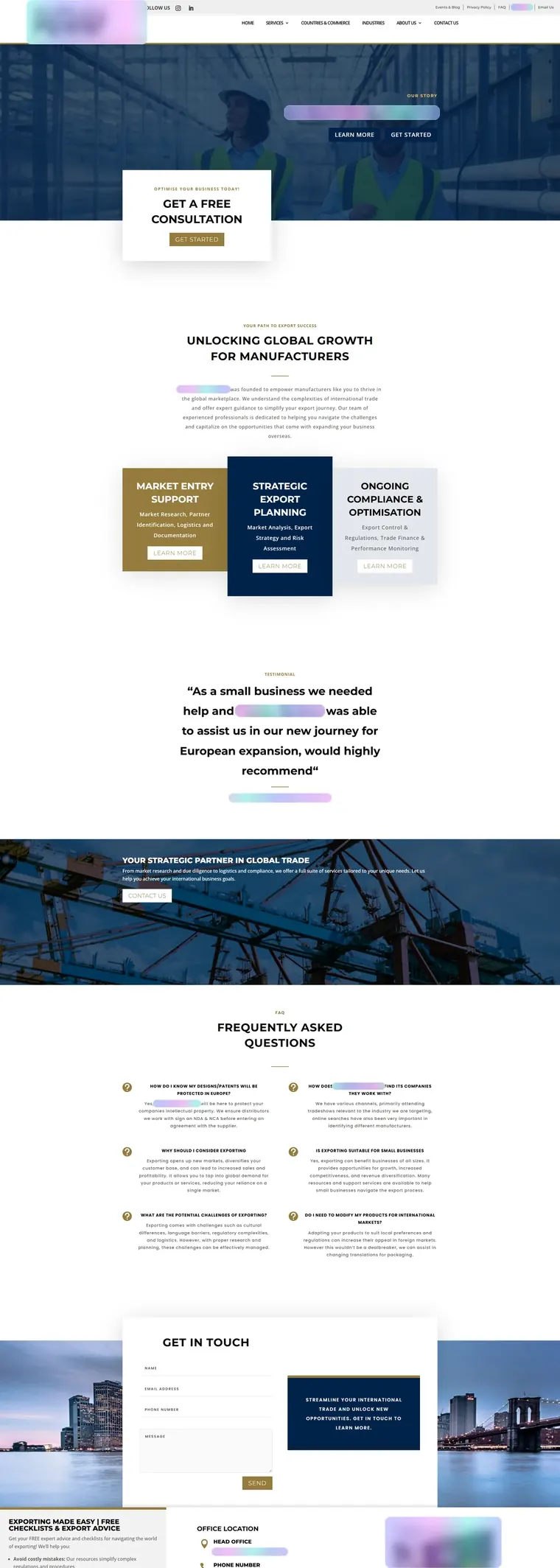 Pages from the advisory website: services, our story, home, countries and industries, with names, logos and contact details frosted over (page 2)