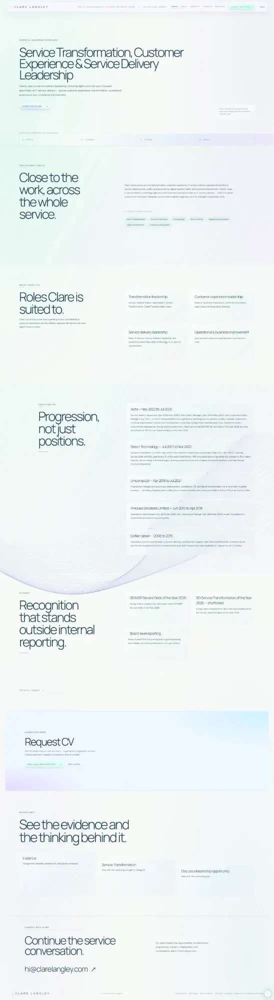 clarelangley.com pages: career, about, expertise, evidence and connect (page 1)