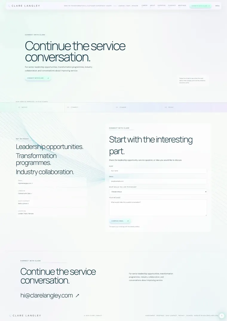 clarelangley.com pages: career, about, expertise, evidence and connect (page 5)