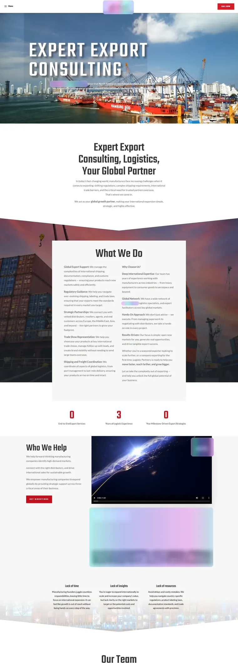 Pages from the freight-led website: services, about, home, markets and contact, with names, logos and contact details frosted over (page 2)