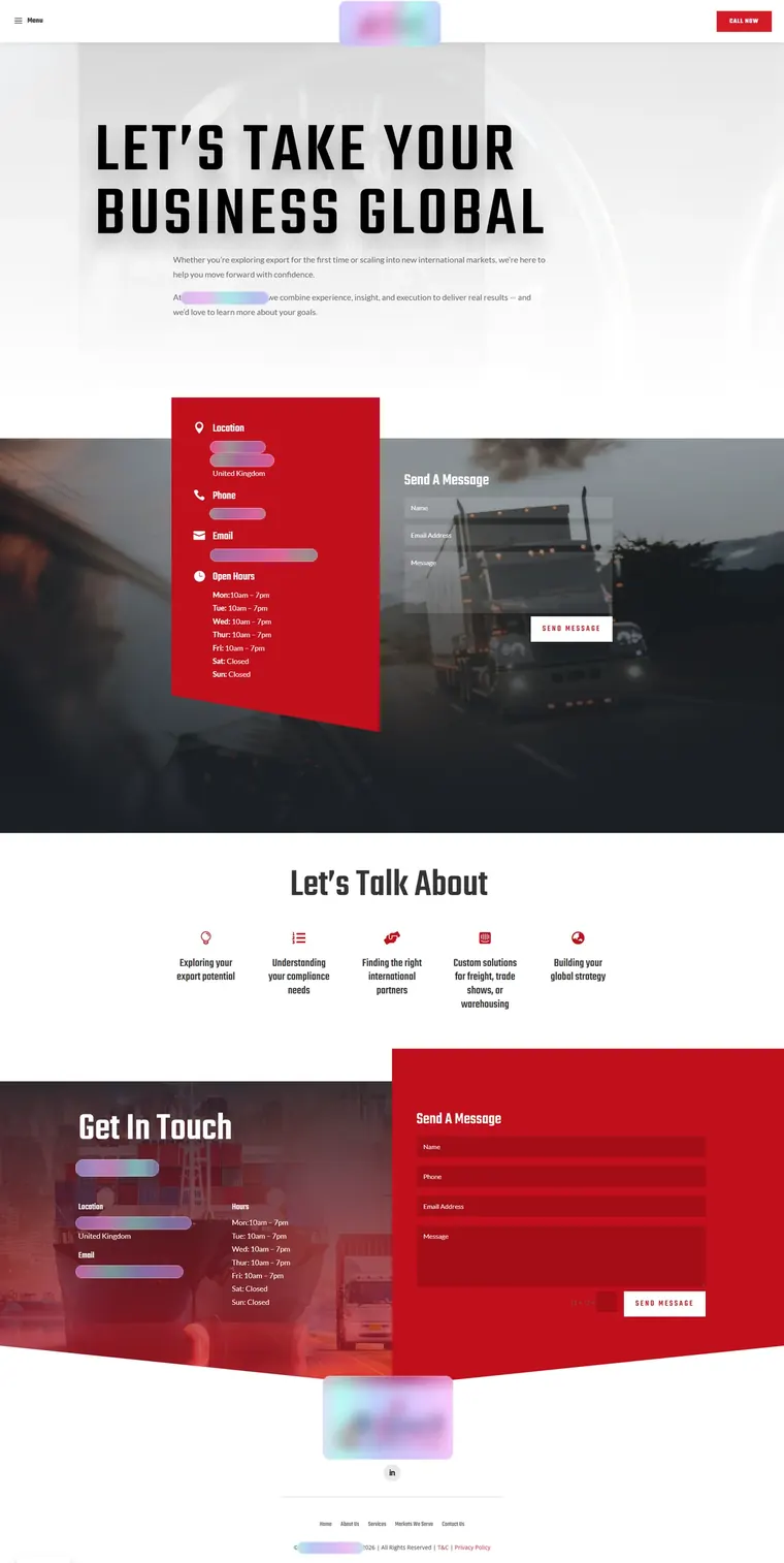 Pages from the freight-led website: services, about, home, markets and contact, with names, logos and contact details frosted over (page 5)