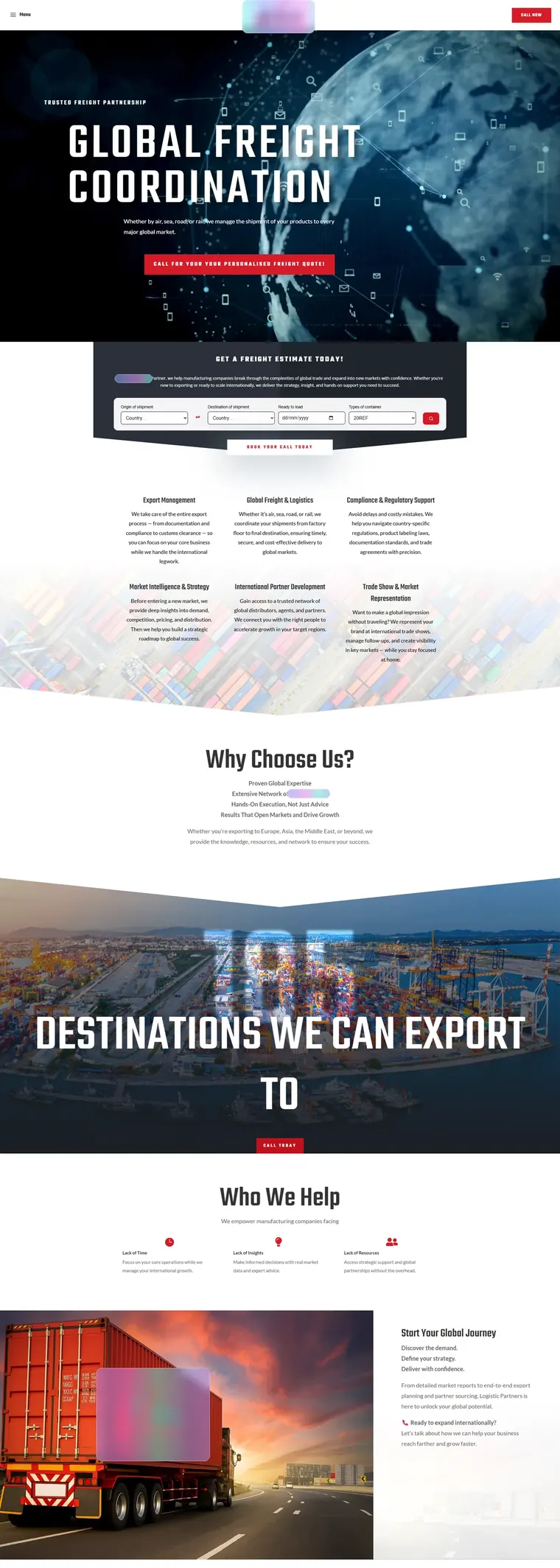 Pages from the freight-led website: services, about, home, markets and contact, with names, logos and contact details frosted over (page 3)