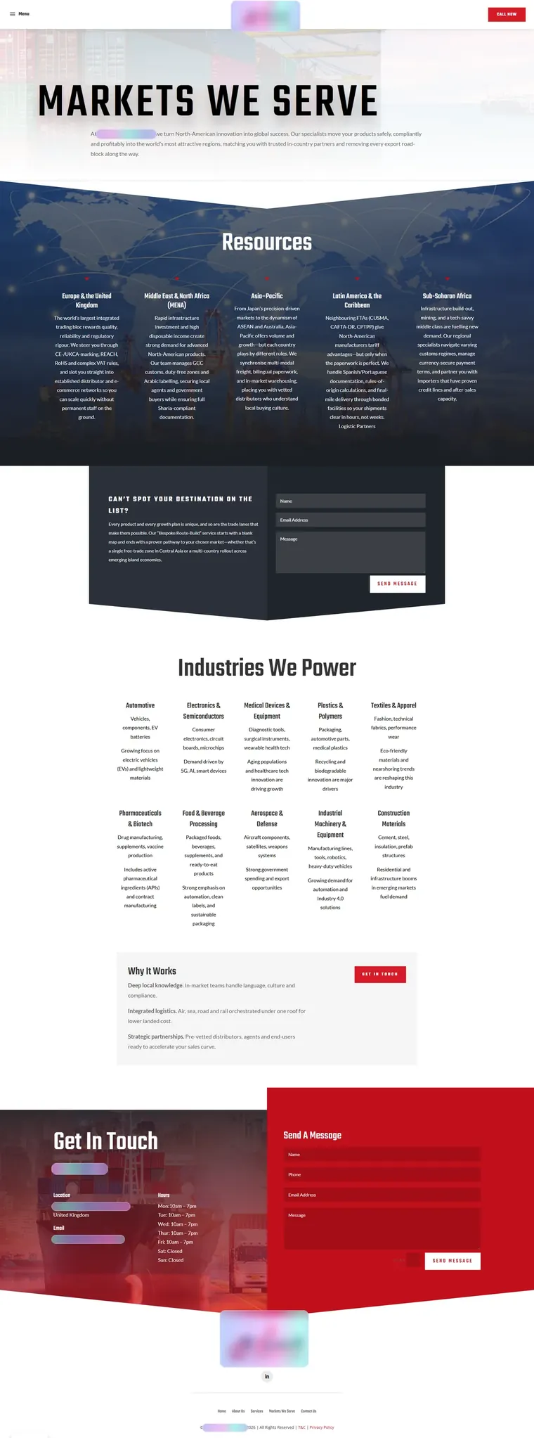 Pages from the freight-led website: services, about, home, markets and contact, with names, logos and contact details frosted over (page 4)