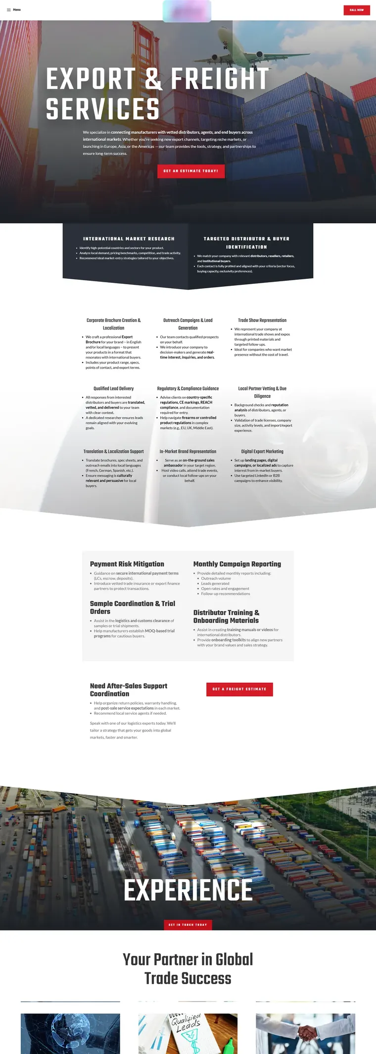 Pages from the freight-led website: services, about, home, markets and contact, with names, logos and contact details frosted over (page 1)