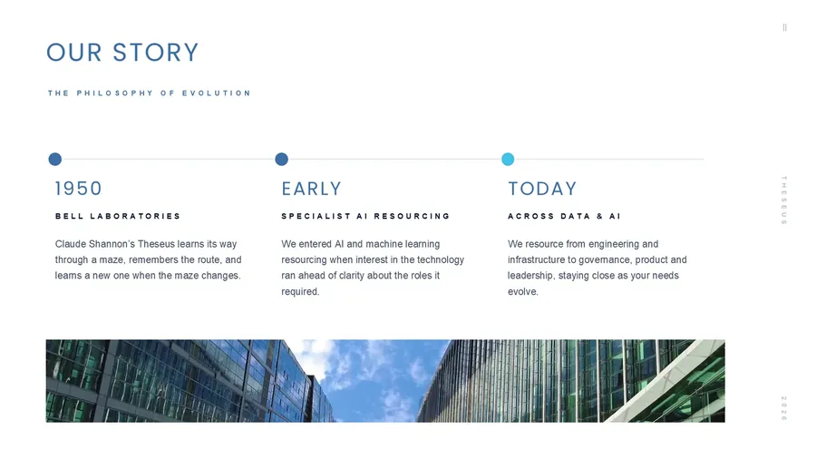 Slides from the Theseus introduction presentation in PowerPoint, fanned out (page 1)