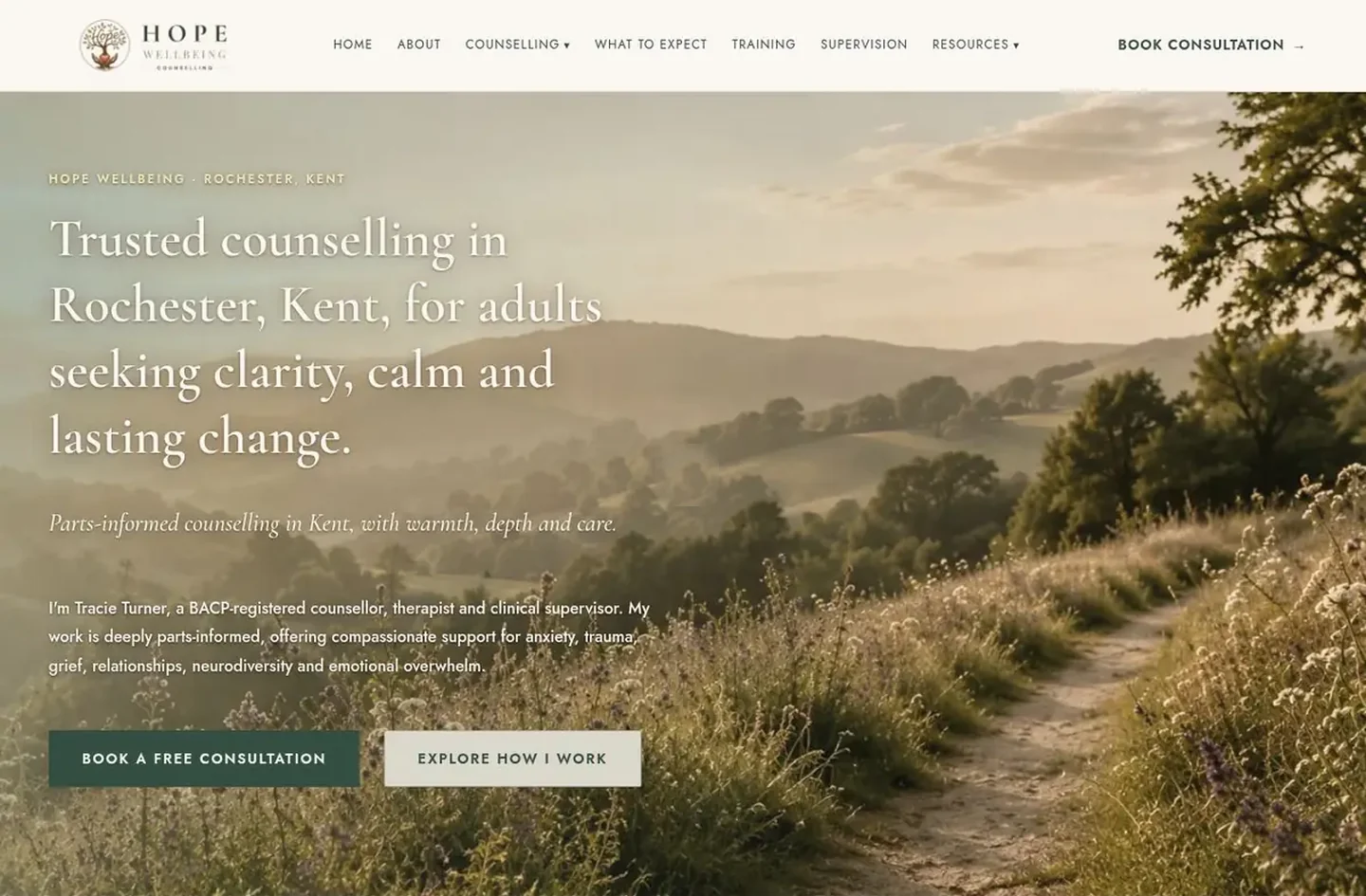 The new Hope Wellbeing homepage: a sunlit countryside path behind the headline Trusted counselling in Rochester, Kent.