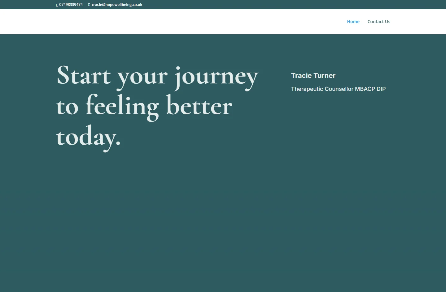 Hope Wellbeing's previous homepage: a dark teal banner reading Start your journey to feeling better today.