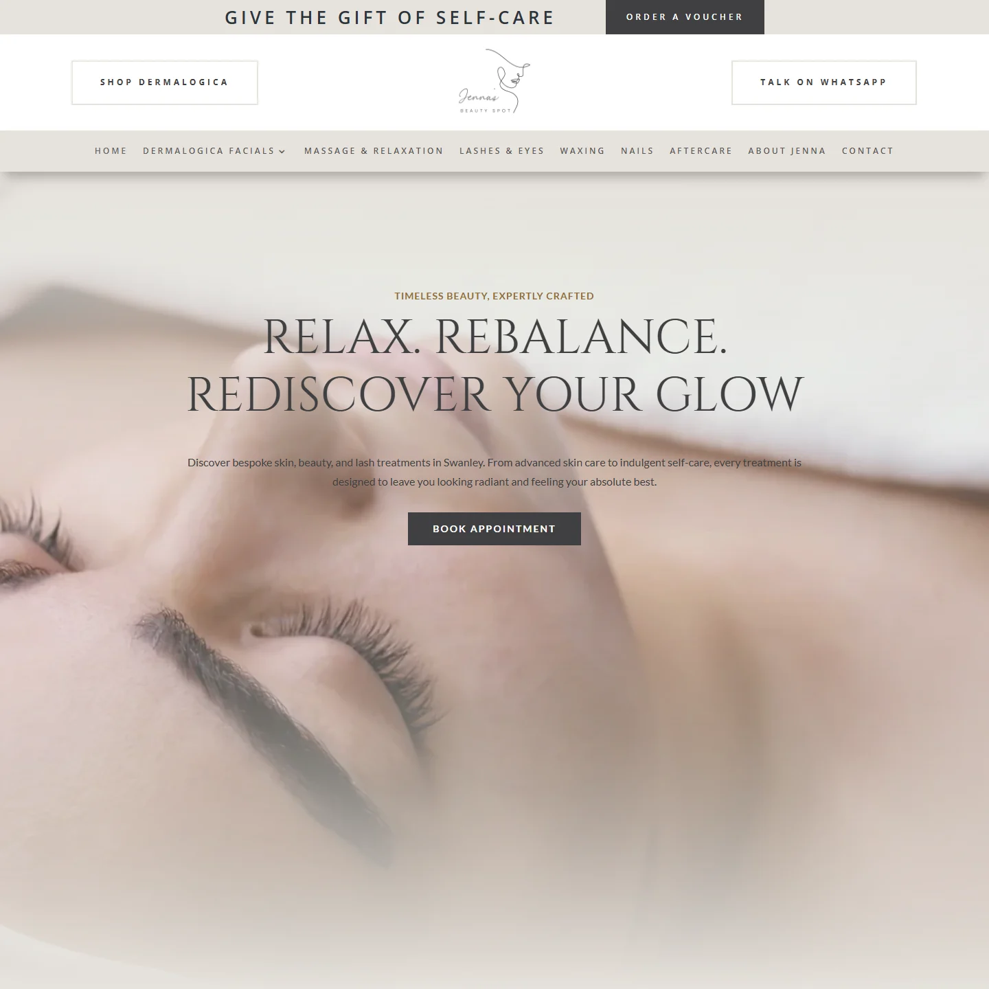 The new homepage: a calm, neutral hero reading Relax. Rebalance. Rediscover your glow, with a Book appointment button.
