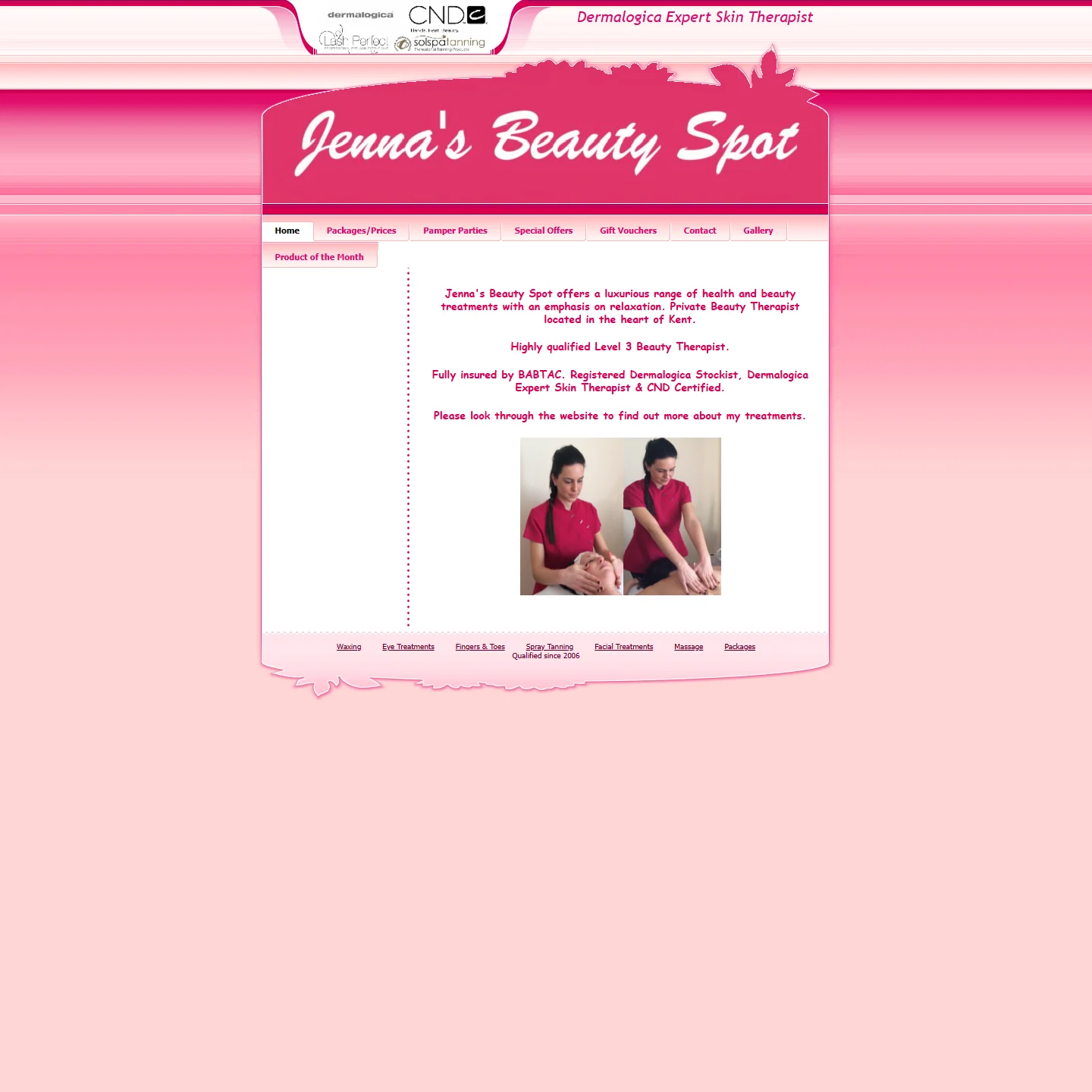 Jenna's Beauty Spot's previous homepage from 2018: a pink script logo, tabbed menu and a short welcome.