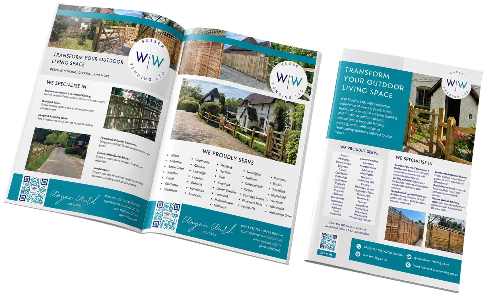WW Fencing's double-sided A4 flyer printed and opened out, beside the single-sided A5 flyer