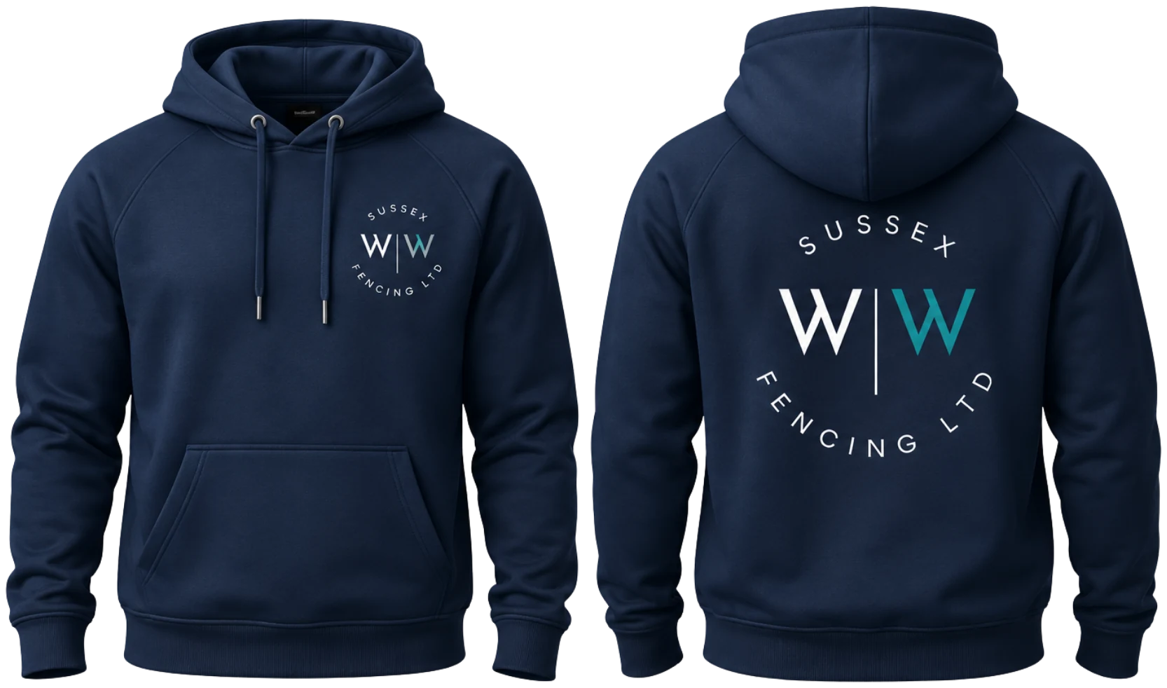 Navy WW Fencing hoodies, front and back: a small logo on the chest and a large one across the back