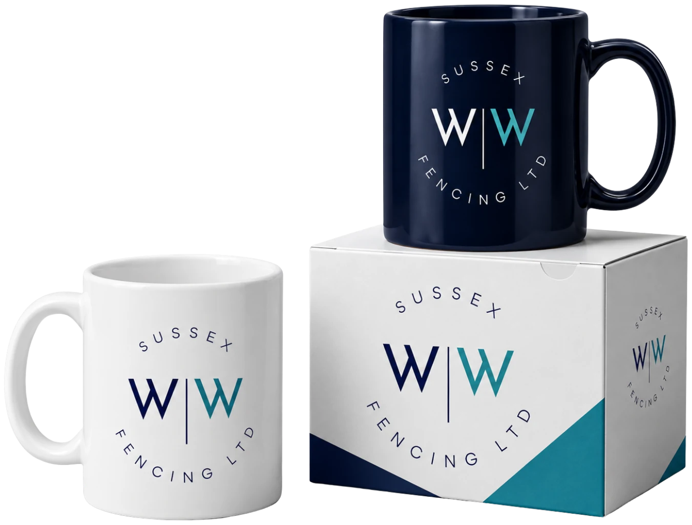 The WW Fencing logo on a white mug, a navy mug and a printed mug box