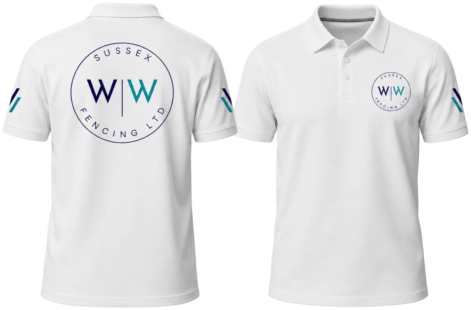 White WW Fencing polo shirts, back and front: a large circular logo on the back, a small one on the chest, and the brand's chevrons on the sleeves