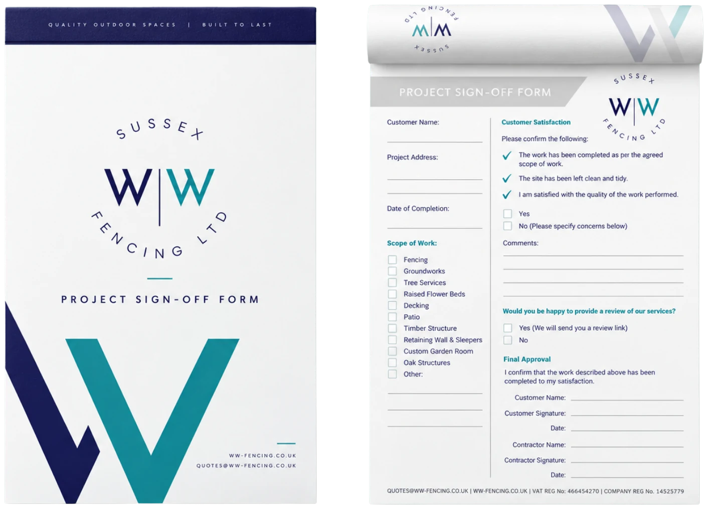 WW Fencing's project sign-off form as a printed pad: the branded cover beside an open pad showing the form